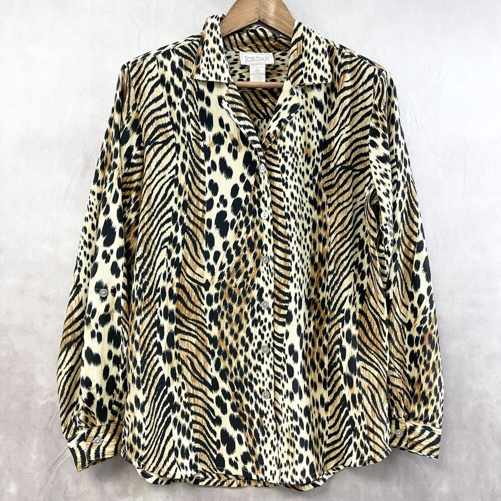 Jordan Animal Print Blouse‎ Womens Medium Mobwife Retro Safari Classic Roll Tab